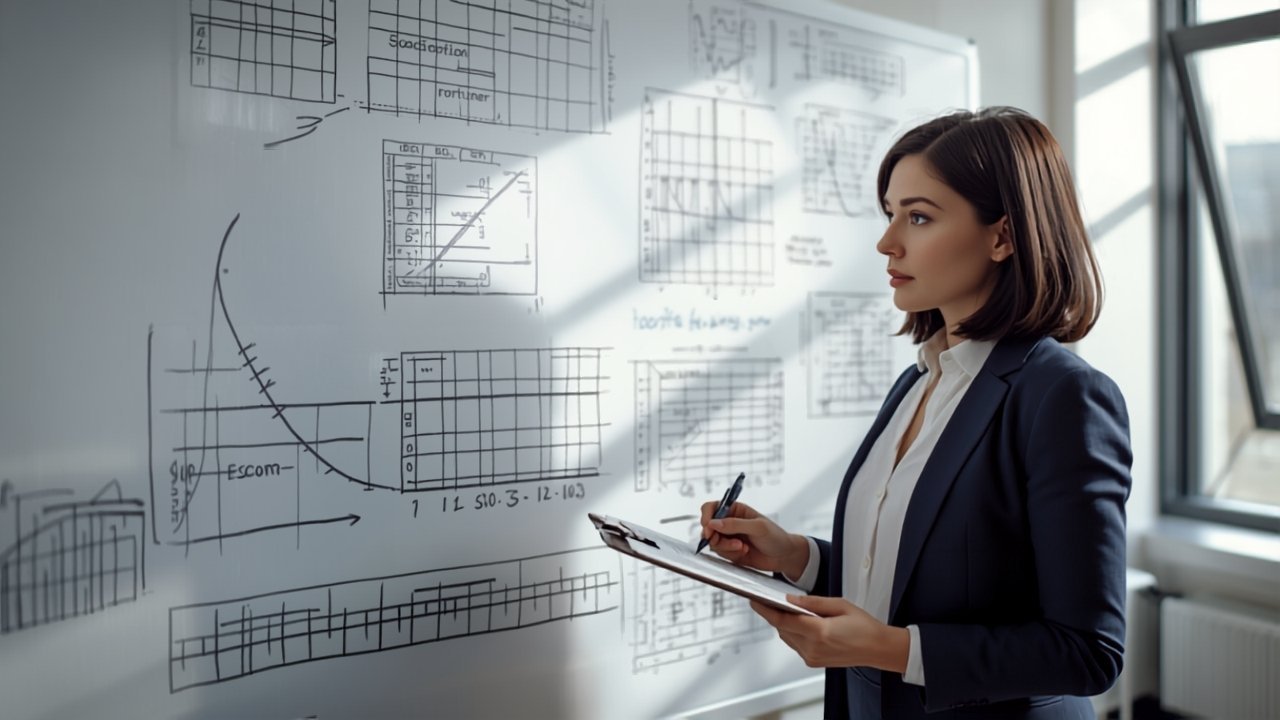 Professional studying a whiteboard of charts and taking notes