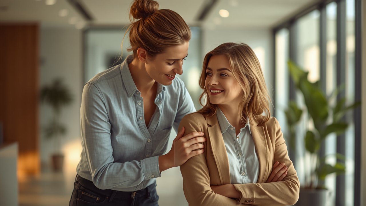 Two people in a supportive conversation, one helping the other