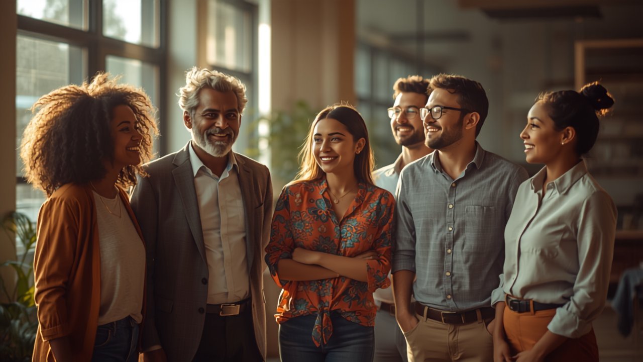 Diverse team gathered together in an office
