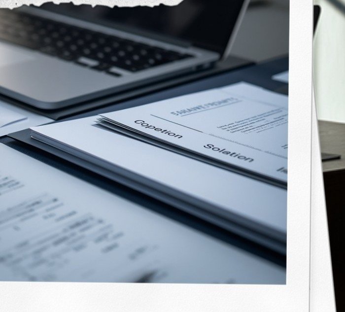 Mesa de escritório com documentos e notebook